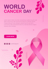 Gradient world cancer day vertical poster template with cancer day ribbon and leaf
