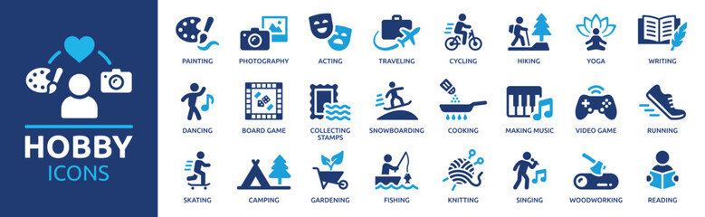 Fototapeta Hobby icon set. Containing painting, photography, acting, traveling, hiking, yoga, dancing, cooking, fishing, making music and more. Solid icon collection. obraz