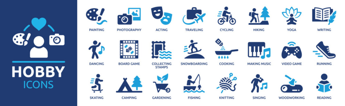 Hobby icon set. Containing painting, photography, acting, traveling, hiking, yoga, dancing, cooking, fishing, making music and more. Solid icon collection.