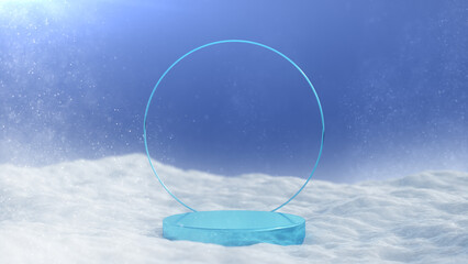 circle frame on podium display on Snoy background,3D rendering