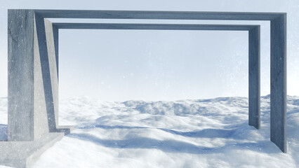 Cement window on snow background,3D Rendering