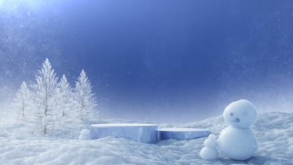 Product stand with snowman in the forest, 3D Rendering