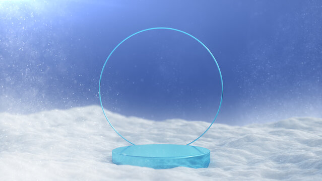 circle frame on podium display on Snoy background,3D rendering