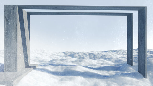 Cement window on snow background,3D Rendering