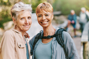 Elderly women, smile and hiking with fitness outdoor, trekking with friends and retirement,...