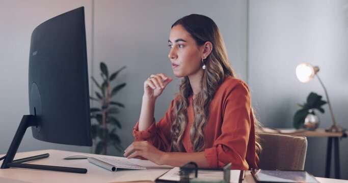 Business woman, thinking and focus with computer and working, reading and research for company proposal, typing and writing report. Corporate employee, keyboard and computer screen in office.