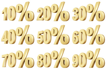 3D Rendering of number percent text in golden color, isolated transparent clear background. For business product promotion, discount, special, sales event