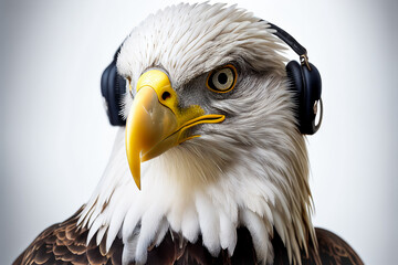 A portrait of an American Bald Eagle wearing headphones. Isolated on white.