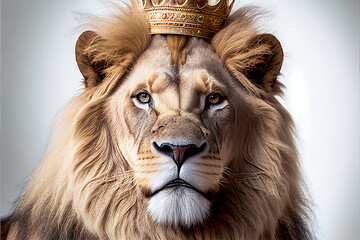 A portrait of a lion wearing a crown, isolated on a white background - obrazy, fototapety, plakaty