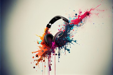 Headphones exploding with color - generative AI image of generic unbranded headphones bursting with an explosion of colors. The full color spectrum represented for LGBTQIA and Austism inclusion