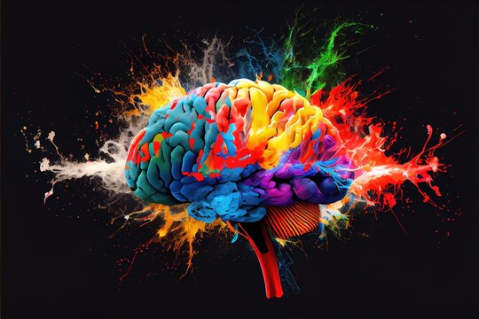 Colorful Brain Bursting with Creativity - Generative AI image of human creativity. Polychromatic rainbow with full spectrum of colors exploding with immersive knowledge and experience in arts