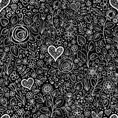 black and white seamless floral pattern fabric design print wrapping paper digital illustration texture wallpaper watercolor paint with hearts and flowers 