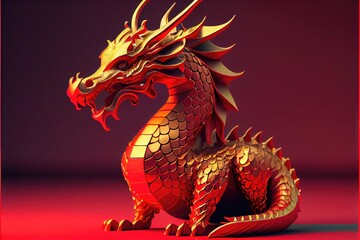 Naklejka premium Red and Gold Dragon - The male Yang element in Chinese culture, this dragon represents strength, health, and good luck. It is a powerful authority figure in traditional gold and red colors