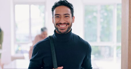 Businessman, bag and face with success and smile, vision and motivation with mindset, content and leadership at office. Executive, leader and happy professional in portrait with modern office mockup.