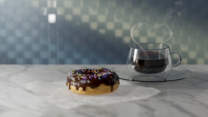 a cup of coffee and chocolate donut with heart shape of smoke on the mable table,3D Rendering