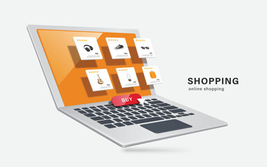 Template or Mockup as for product placement on laptop computer online shopping app ,many products are displayed on laptop