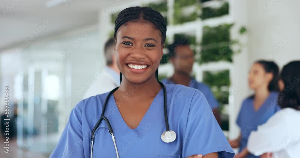 Sticker Black woman, doctor and face with smile, healthcare and hospital staff, medical professional and health insurance. Medicine, clinic and health worker in portrait, happy with success and cardiology.