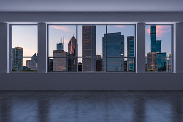 Obraz na płótnie Canvas Downtown Chicago City Skyline Buildings from High Rise Window. Beautiful Expensive Real Estate overlooking. Epmty room Interior Skyscrapers View in Penthouse Cityscape. Sunset. 3d rendering.