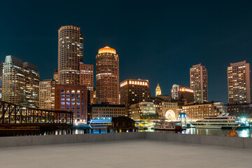 Skyscrapers Cityscape Downtown, Boston Skyline Buildings. Beautiful Real Estate. Night time. Empty...