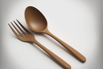 Wooden fork and spoon placed on a white background