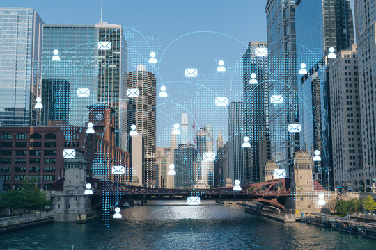Panorama cityscape of Chicago downtown and Riverwalk, boardwalk with bridges at day time, Illinois, USA. Social media hologram. Concept of networking and establishing new people connections - Powered by Adobe