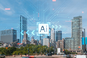 Fototapeta premium Chicago skyline, Butler Field towards financial district skyscrapers, day time, Illinois, USA. Parks and gardens. Artificial Intelligence concept. AI, machine learning, neural network, robotics