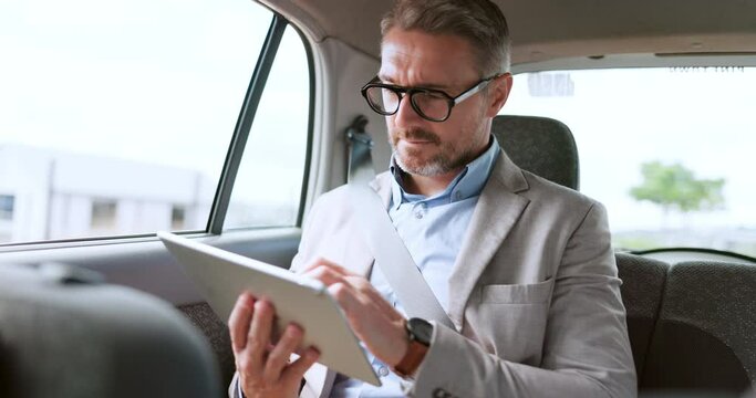Car, tablet and business man thinking, corporate leader and online research. Male entrepreneur, ceo travelling and in vehicle search internet, reading on website and commute to office and typing idea