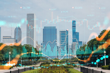 Chicago skyline, Butler Field towards financial district skyscrapers, day time, Illinois, USA....