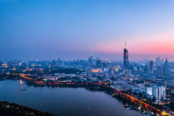 Aerial view of the skyline of Xuanwu Lake and Zifeng Building in Nanjing, China