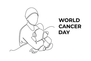 Single one line drawing Girl cover her head with hat or headscarf holding dolls. World cancer day concept. Continuous line draw design graphic vector illustration.