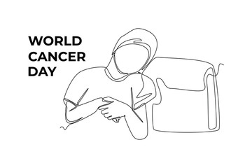 Single one line drawing little girl with hat or headscarf lie down on couch. World cancer day concept. Continuous line draw design graphic vector illustration.