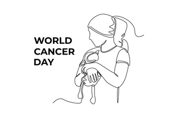 Single one line drawing Girl cover her head with hat or headscarf holding dolls. World cancer day concept. Continuous line draw design graphic vector illustration.