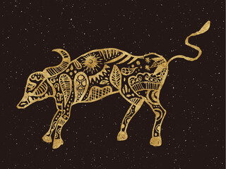 golden cow vector shape of the zodiac sign in paper cut style. Golden cow isolated on black background. Year of the ox.