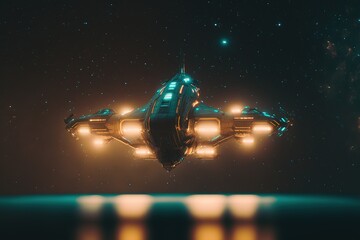 Spaceship flying. UFO spacecraft. Movie scenery. Movie concept. Illustration. Generative AI