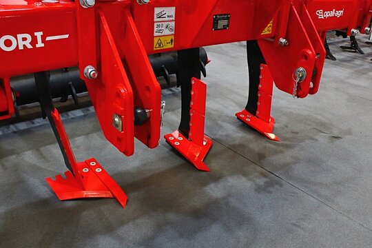 Detail of deep tillage unit on modern Czech agricultural subsoiling and deep tillage machine Opall Agri Hector 1, displayed on agricultural expo in Nitra, Slovakia. 