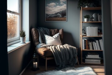 cosy reading nook with a soft, furry rug and a warm throw blanket, evoking feelings of relaxation and enjoyment (AI Generated) - obrazy, fototapety, plakaty