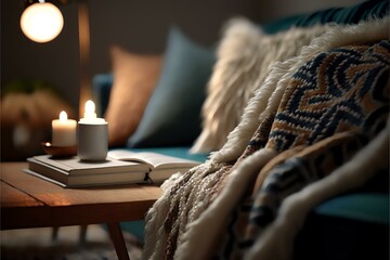 cosy reading nook with a soft, furry rug and a warm throw blanket, evoking feelings of relaxation and enjoyment, REALISTIC (AI Generated) - obrazy, fototapety, plakaty