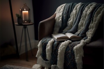 cosy reading nook with a soft, furry rug and a warm throw blanket, evoking feelings of relaxation and enjoyment, REALISTIC (AI Generated)