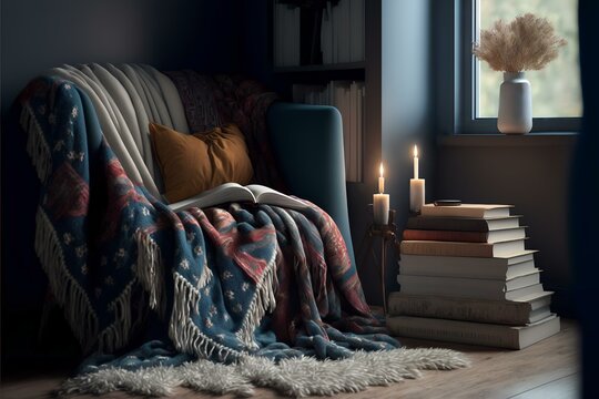 cosy reading nook with a soft, furry rug and a warm throw blanket, evoking feelings of relaxation and enjoyment (AI Generated)
