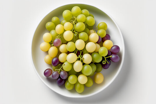 bowl of grapes from above, white background. Generative AI	