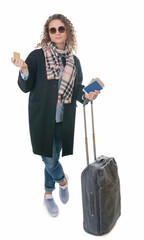 tourism, vacation, young girl with travel bag, on a white background