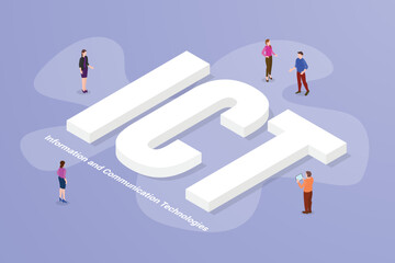 ict information and communication technologies big text word and people around with modern isometric style