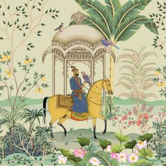 Obraz na płótnie Canvas Traditional Mughal emperor holding eagle, garden, arch, temple, bird vector illustration seamless pattern