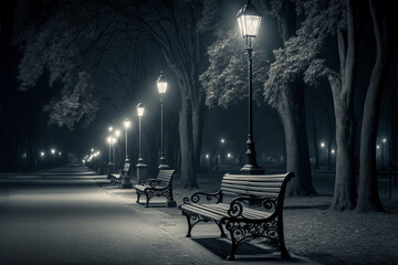 Fototapeta na wymiar empty street, parch benches, winter scene, generative ai composite