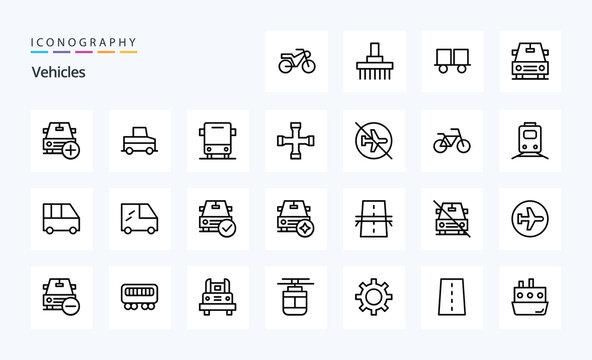 25 Vehicles Line icon pack. Vector icons illustration