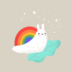 Cute childish print with animal snail with rainbow shell. For postcard, poster, applying to fabric, paper, t-shirt, Kids clothing. Flat vector illustration. Hand drawn style. © DDDART