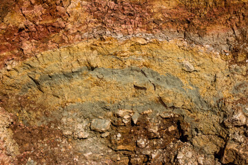 Texture of multi-colored layers of clay coming out in nature