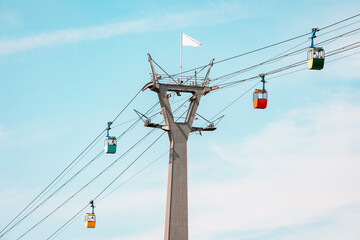 Cable car gondolas transporting tourists from station in Rheinpark in Cologne, Germany. Sightseeing and attractions concept - obrazy, fototapety, plakaty