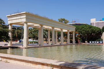 Fountain and Architecture with Columns Placed in front of the Music Palace in Valencia, Spain