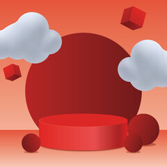 3d background products Red podium with clouds, Product Prodium,Red background, Stand product, valentine, Chinese new year